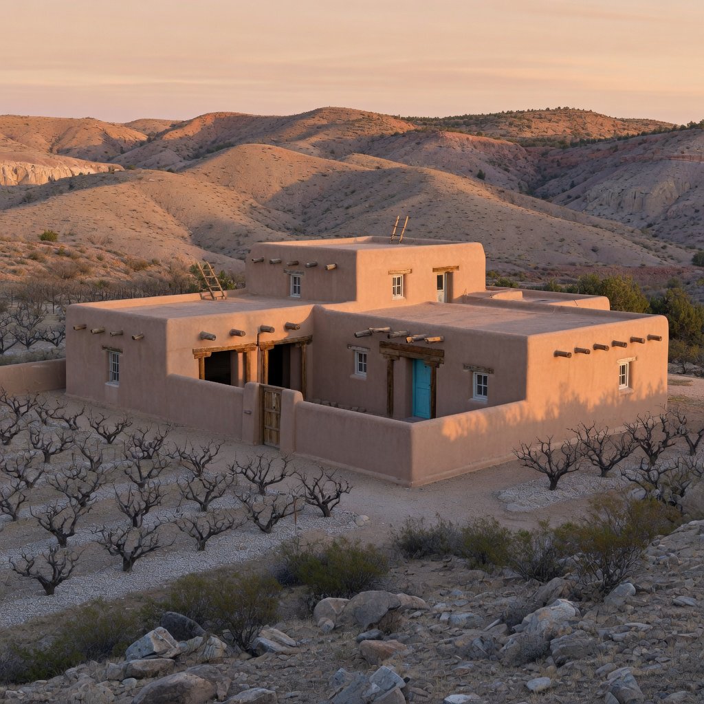 Beyond dry orchard rows, a Pueblo Revival adobe house settles into the desert foothills, with timber lintels and a muted clay roof; warm late-afternoon light, viewed from a rocky rise, reveals clean geometry and credible construction. — Grok Imagine Image Quality