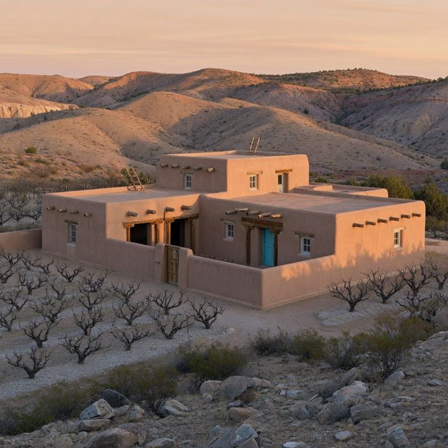 Beyond dry orchard rows, a Pueblo Revival adobe house settles into the desert foothills, with timber lintels and a muted clay roof; warm late-afternoon light, viewed from a rocky rise, reveals clean geometry and credible construction. — Grok Imagine Image Quality