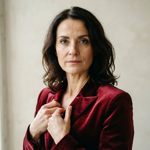 Fashion portrait of an adult woman in her early 50s wearing a sculptural burgundy velvet jacket, her hands lightly gathering its lapel. A wry, composed expression meets the camera against a warm ivory plaster backdrop, lit by soft late-afternoon window glow. — Ideogram v4.5