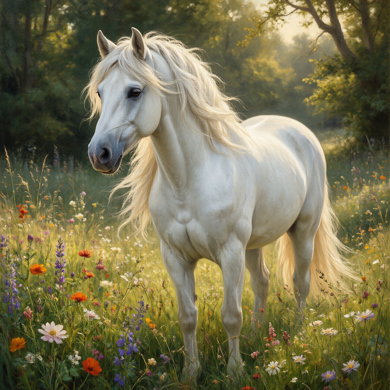 a regal white horse with a flowing mane, standing in a sun-dappled meadow filled with vibrant wildflowers. Gentle light illuminates the scene, highlighting the horse's powerful physique and the delicate details of the flowers. The style is reminiscent of Romantic era landscape paintings with a soft, impressionistic touch. — Qwen Image 3.0