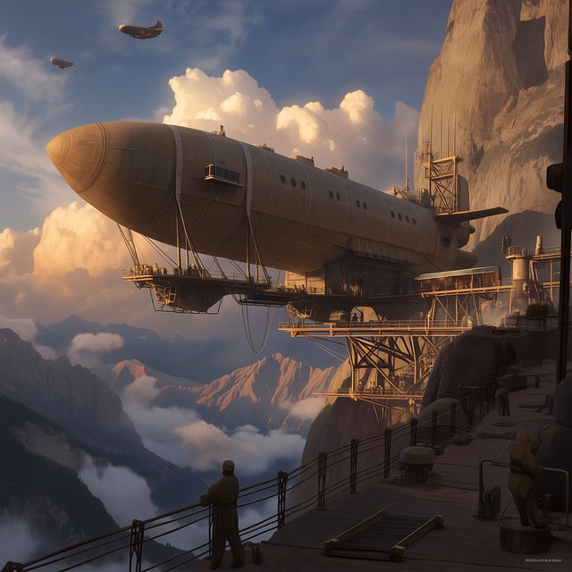 Concept art of a weathered cargo airship docking at a mountaintop station, crew tiny for scale, late afternoon light. — Midjourney Niji 7