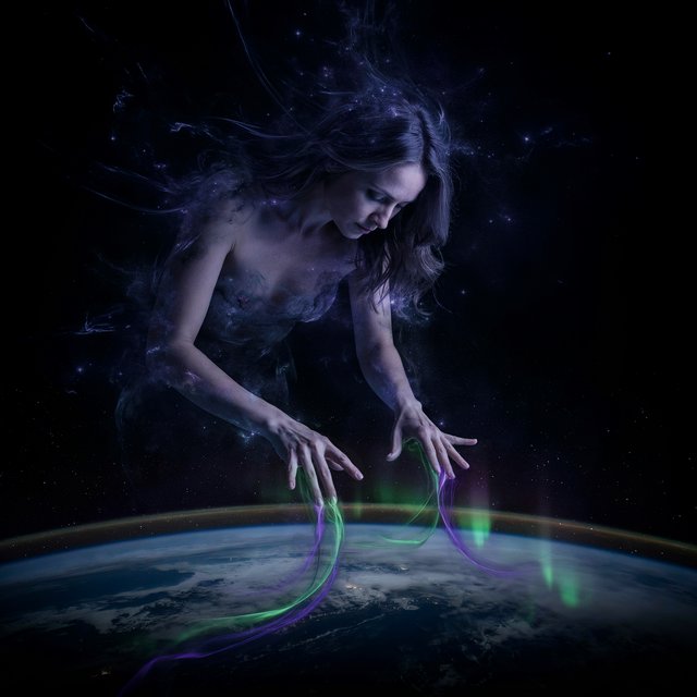 A cinematic wide-angle shot of an ethereal, gigantic adult female entity composed of stardust and nebulae. She hovers in the deep black of space, directly above the curvature of the Earth. Her fingers move like a harpist's, weaving luminous, emerald-green and violet aurora threads directly into the Earth's atmosphere. The polar lights appear like liquid silk, wrapping themselves around the planet. Realistic play of light, mystical atmosphere, bioluminescent colors, deep indigo and neon green. — Ideogram v4.5
