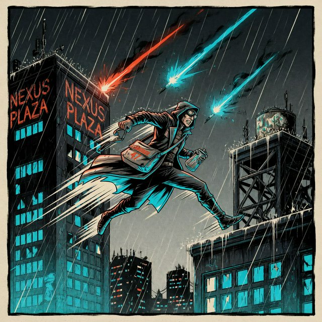 An adult rooftop courier vaults between rain-dark towers, coat snapping as signal flares streak behind; bold ink comic-panel illustration with dense halftone shadows, palette of electric cyan, vermilion, charcoal, and cream, no speech bubbles. — Grok Imagine Image Quality