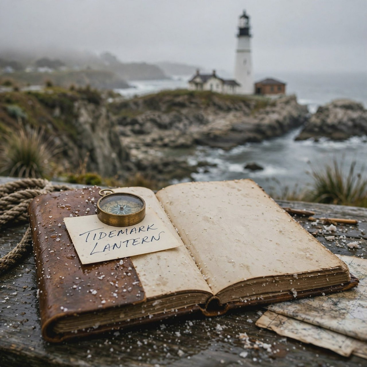 Beside a cliffside lighthouse, a salt-speckled logbook lies open on a chart table; "TIDEMARK LANTERN" is handwritten in looping dark-blue ink across a cream note tucked beneath the compass, with no other legible writing. — Muse Image 1.0