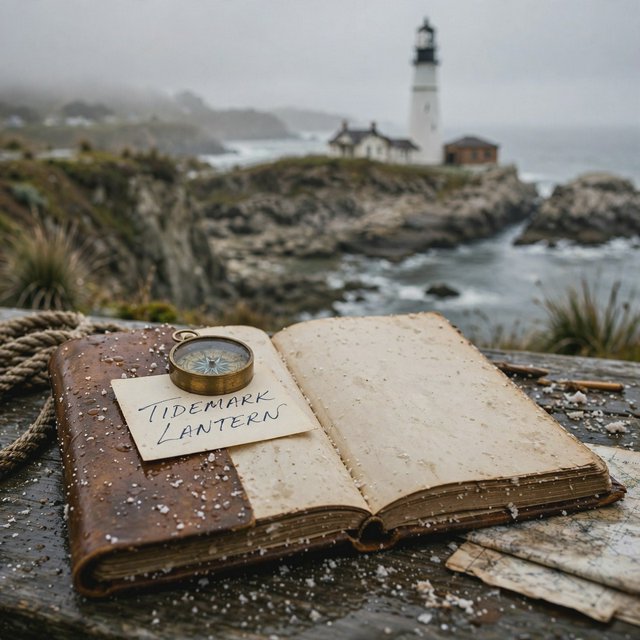 Beside a cliffside lighthouse, a salt-speckled logbook lies open on a chart table; "TIDEMARK LANTERN" is handwritten in looping dark-blue ink across a cream note tucked beneath the compass, with no other legible writing. — Muse Image 1.0
