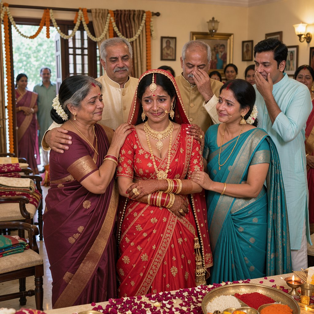 A realistic scene of an Indian wedding showing the emotions of the adult bride and her adult family members — FLUX 3 Image
