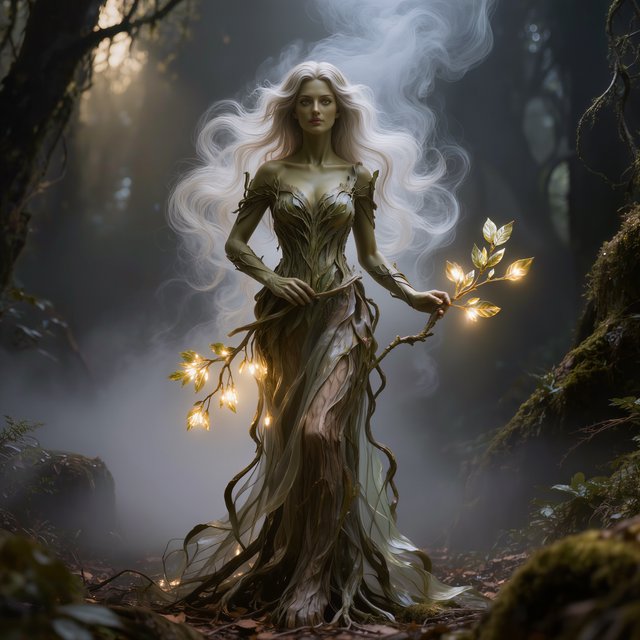 fantasy aesthetic, volumetric fog, chiaroscuro lighting, subsurface scattering, sculptural realism, an epic adult dryad. — Kling v3