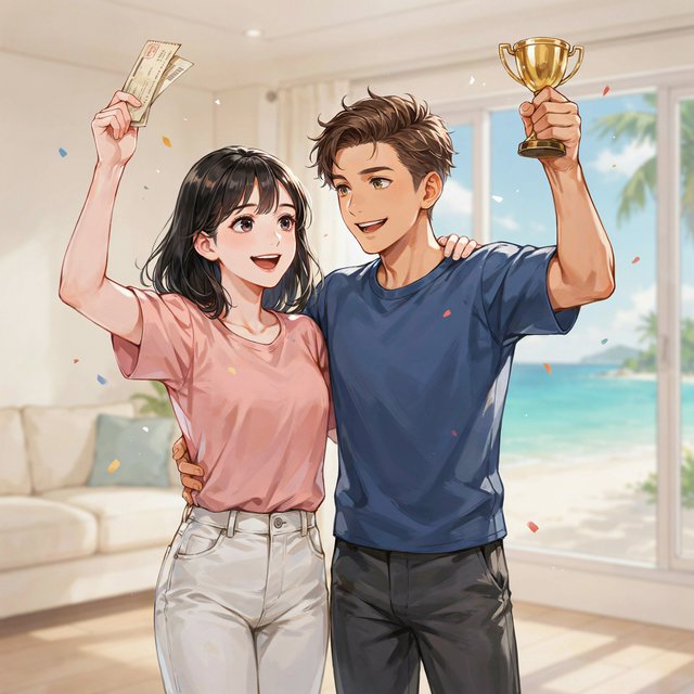 A realistic manga about a couple who entered a contest and ended up winning a trip to a place they always wanted to go. — Ideogram v4.5