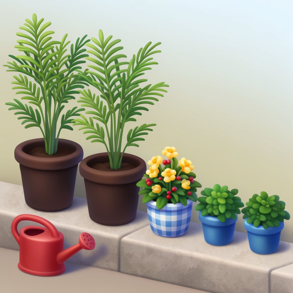 Exactly five potted plants stand on a stone ledge: two tall green ferns on the left, one flowering yellow plant in the center, and two small blue pots on the right. A red watering can sits below, nothing else. — Krea 2 Large