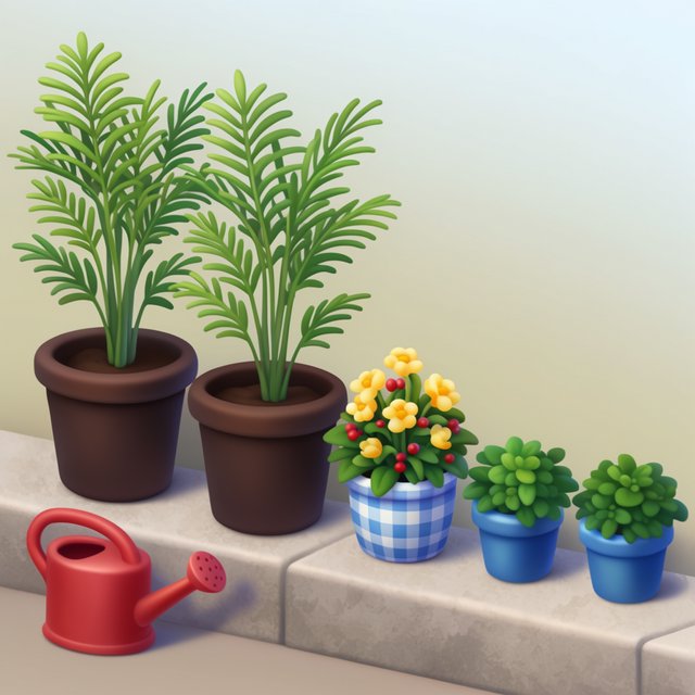 Exactly five potted plants stand on a stone ledge: two tall green ferns on the left, one flowering yellow plant in the center, and two small blue pots on the right. A red watering can sits below, nothing else. — Krea 2 Large