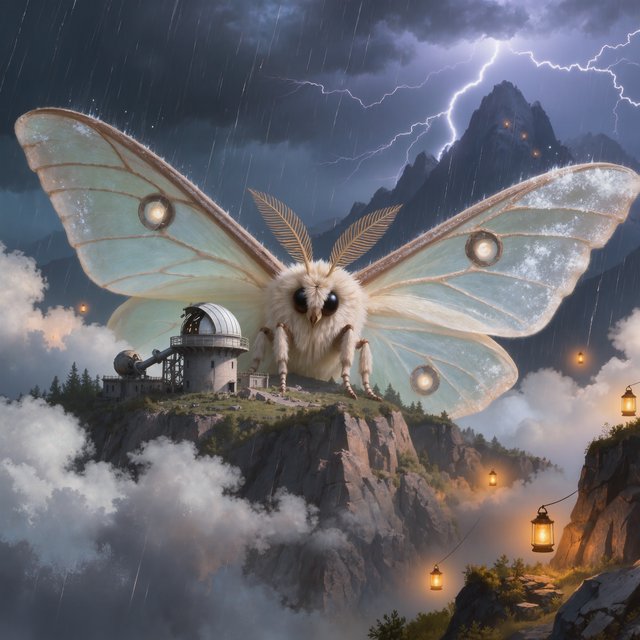 A colossal moon-moth creature glides above a stormy mountain range, its translucent wings glowing with silver veins and carrying a ruined observatory on its back. Lightning silhouettes distant peaks while amber lanterns shimmer through rain and cloud. — Kling v3 Omni