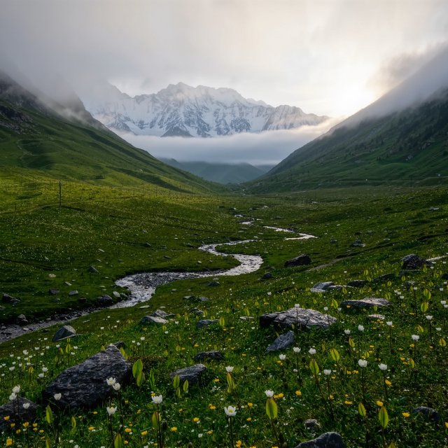 A windswept alpine meadow beneath heavy morning clouds, fresh rain darkening the grasses, a braided stream winding toward distant snowcapped peaks, tiny wildflowers and wet stones sharpening the foreground texture and layered depth. — Kling v3 Omni