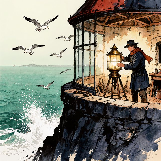 Ink-and-watercolour illustration of an adult lighthouse keeper repairing a brass lantern inside a windswept cliff tower, gulls circling beyond the window and sea spray glowing below. Palette of navy, rust, seafoam, and warm ivory, with expressive linework. — Kling v3