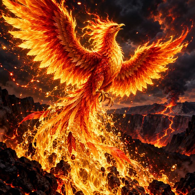 A majestic phoenix rising from a cascade of molten gold and shimmering embers against a backdrop of a dark, volcanic caldera. Its feathers are ablaze with brilliant oranges, reds, and fiery yellows. The air around it crackles with heat and energy. Style: Epic fantasy art with dynamic composition and vibrant color contrast — GPT Image 2.5 Flare