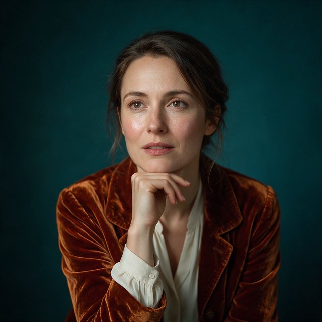 Portrait of an adult woman in her 30s wearing a rust-colored velvet jacket over an ivory blouse, one hand resting beneath her chin, thoughtful expression, deep teal studio backdrop, soft side lighting and gentle cheek highlights. — Seedream 5.0 Pro