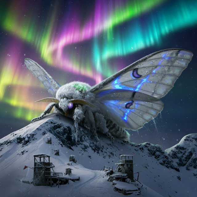 A colossal moon-moth leviathan rests atop a snowbound mountain ridge, its translucent wings veined with blue fire and its fur silvered by frost. Tiny abandoned watchtowers below emphasize its immense scale beneath an aurora-filled sky. — Grok Imagine Image Quality