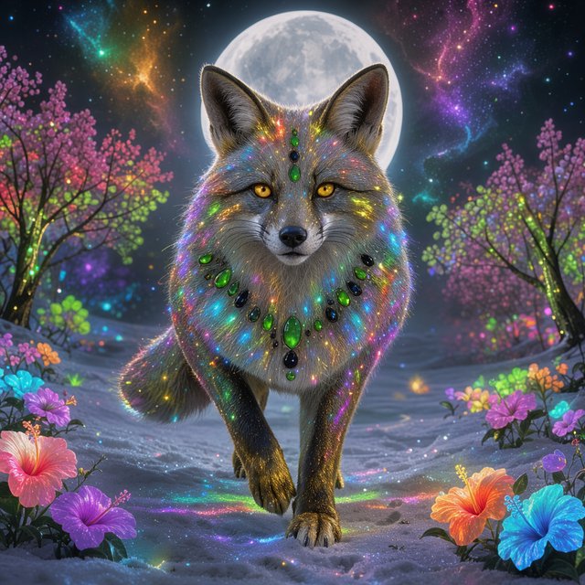 A fantasy still photography image of a majestic silver and gold fox, its fur coat features a breathtaking fiber-optic rainbow-glitter that shimmers with dense prismatic sparkles shifting vibrantly under the ethereal moonlight, the fox features deep silver undertones across its thick coat and is perched proudly in a front-facing posture, its fur is intricately adorned with embedded polished peridot and shimmering onyx that catch the glowing light, it is walking in an enchanted snow filled landscape filled with multicolored bioluminescent hibiscus flowers blooming in radiant neon shades and blooming pink bioluminescent trees with glowing green blossoms, the background features a dramatic full moon and a vibrant multicolored starry sky filled with multicolored swirling galaxy, a soft ethereal glow illuminates the fox's commanding silhouette, razor-sharp focus on its piercing golden eyes, magical realism style, fantasy art. — FLUX 3 Image Klein