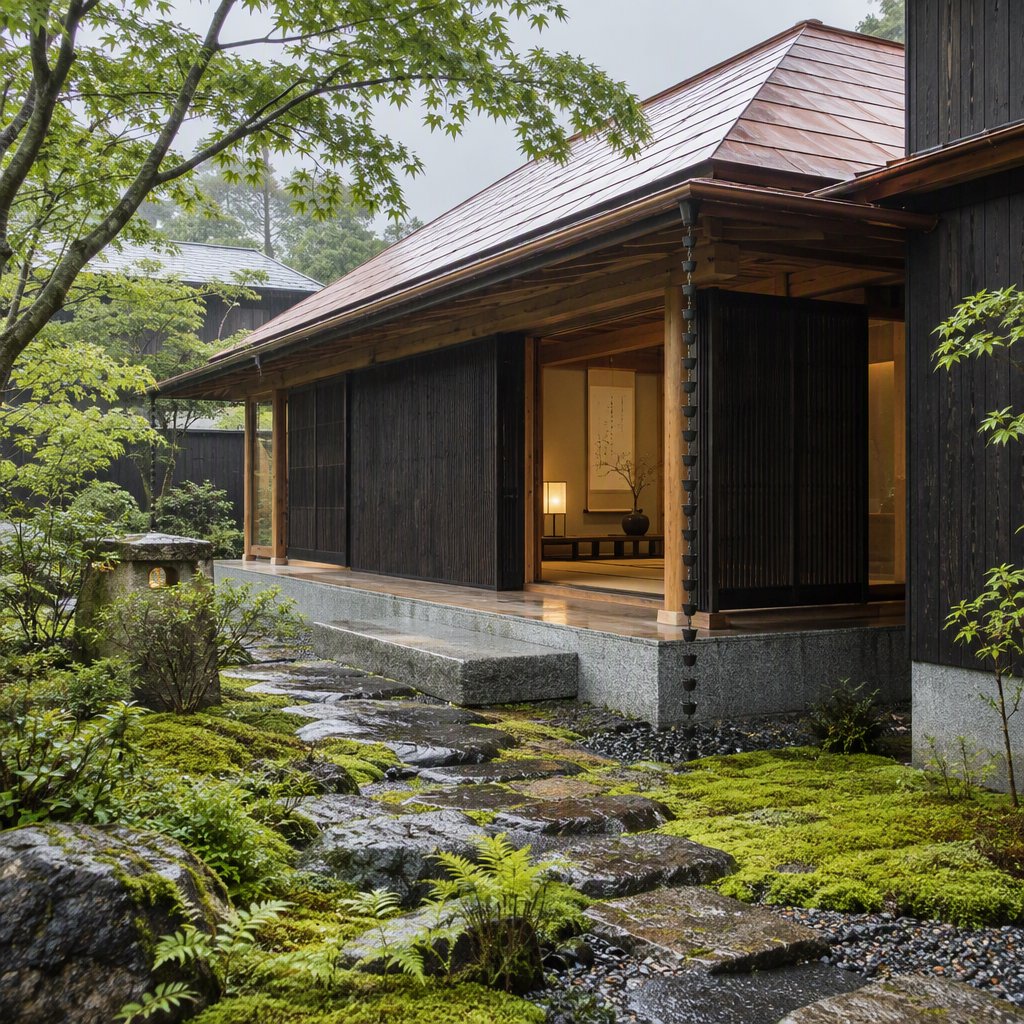 Exterior of a Kyoto-inspired contemporary teahouse in restrained Japanese timber architecture, charred cedar screens, pale granite, and a copper-clad roof; soft rain-bright afternoon light, viewed obliquely from a moss garden path, precise joinery and credible structure. — GPT Image 2.5 Sunburst