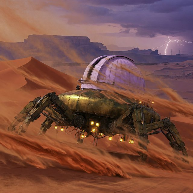 A colossal brass desert crawler carries an observatory dome across red dunes, its articulated legs striding through a sandstorm. Warm lamps glow beneath the hull while distant mesas fade into violet dusk and lightning illuminates the horizon. — Grok Imagine Image Quality