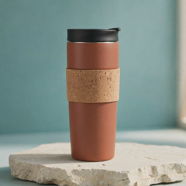 Commercial product photograph of an unbranded insulated travel mug made from matte terracotta powder-coated steel with a cork grip, standing on a pale limestone slab against a soft teal background, lit by broad diffused window light and a gentle edge light. — Muse Image 1.0