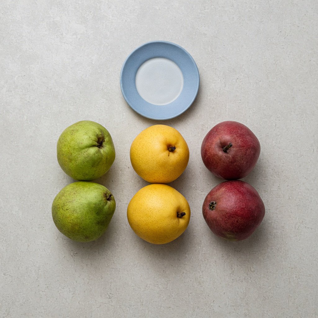 Exactly six ripe pears sit on a pale stone counter: two green pears on the left, two yellow pears in the center, and two red pears on the right. A small blue plate sits above the center pair, nothing else. — Grok Imagine Image 2