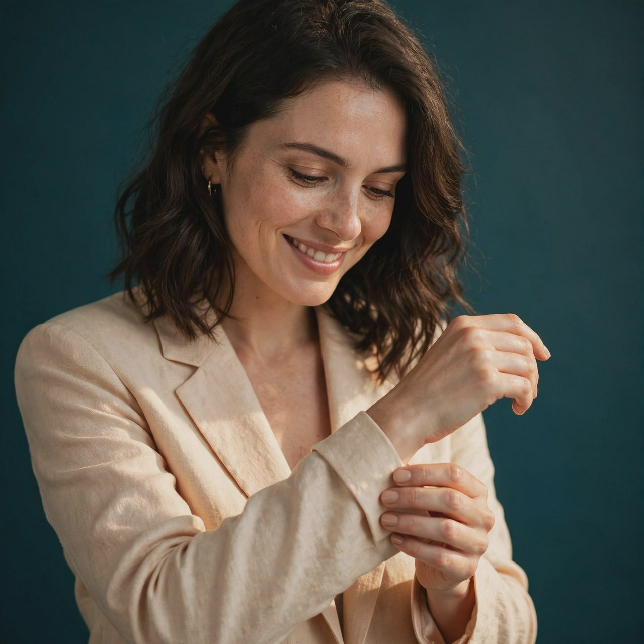 Portrait photograph of an adult woman in her early 30s wearing a pale apricot linen blazer, her hands gently smoothing its cuff. She looks quietly delighted against a deep teal paper backdrop, illuminated by soft, angled studio light. — Muse Image 1.0