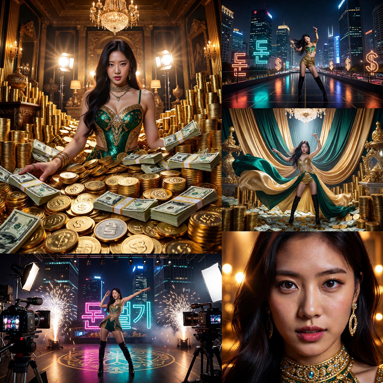 A pretty K-pop idol who is 19–21 years old at a music video shoot. The music video is for her hit song "돈 벌기" (Make Money). The setting of the music video relates to the song name. At least 4 scenes and many angles. — ImagineArt 1.5 Pro