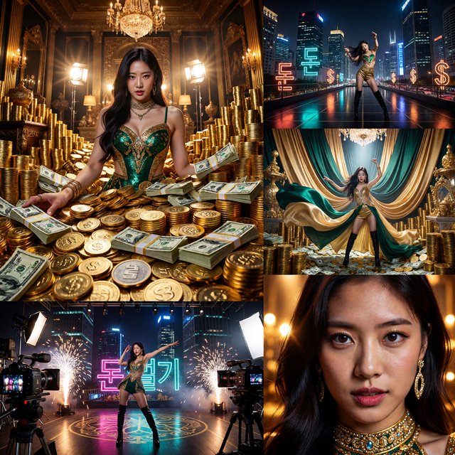 A pretty K-pop idol who is 19–21 years old at a music video shoot. The music video is for her hit song "돈 벌기" (Make Money). The setting of the music video relates to the song name. At least 4 scenes and many angles. — ImagineArt 1.5 Pro