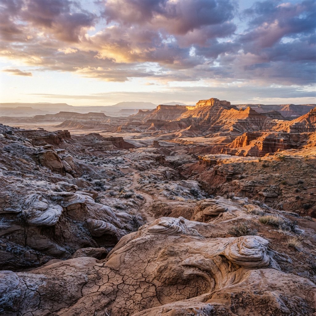 A red-sandstone badlands plateau beneath clearing winter clouds at sunrise, overnight frost silvering the gullies; cracked clay and wind-smoothed rock lead the eye across layered mesas fading into pale distance. — Nano Banana 2 Lite