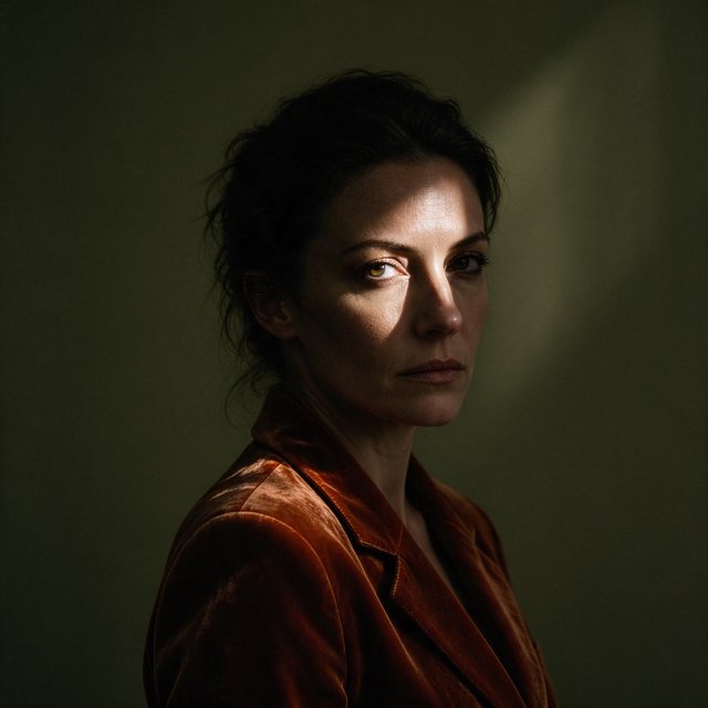 Her guarded gaze catches a solitary beam in a low-key fashion portrait: an adult woman aged 27–35 wears a rust-colored velvet blazer, the rest of her face falling into shadow against a deep olive backdrop. — Seedream 5.0 Flash