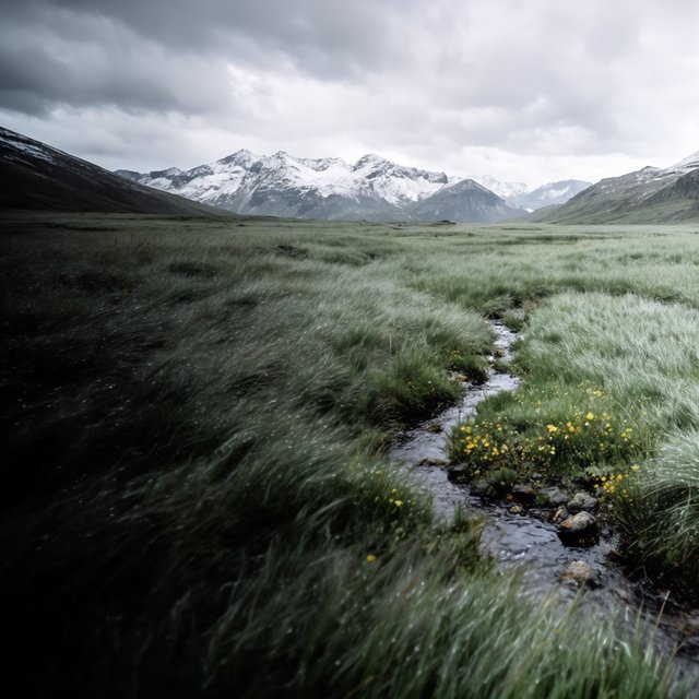 A windswept alpine meadow beneath heavy morning clouds, fresh rain darkening the grasses, a braided stream winding toward distant snowcapped peaks, tiny wildflowers and wet stones sharpening the foreground texture and layered depth. — Krea 2 Large