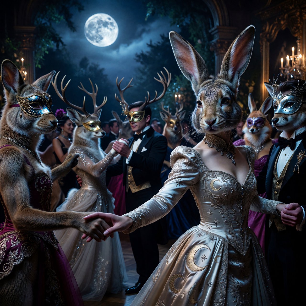 Create the most glamorous and mysterious midnight masked-ball scene, where various alluring anthropomorphic animals, such as foxes, deer, and rabbits, pose and dance under the moon. They wear moon-themed masks. In the middle foreground stands the most exquisite, alluring human-rabbit hybrid, with long white rabbit ears, a pulchritudinous East Asian face, an hourglass figure, rabbit-fur features, and human skin blended aesthetically. She wears the most exquisite silk dress with moon patterns and cross-star embroidery. She poses in a beckoning gesture, inviting the viewer to be her dance partner at the masquerade. No speech. — ImagineArt 1.5 Pro