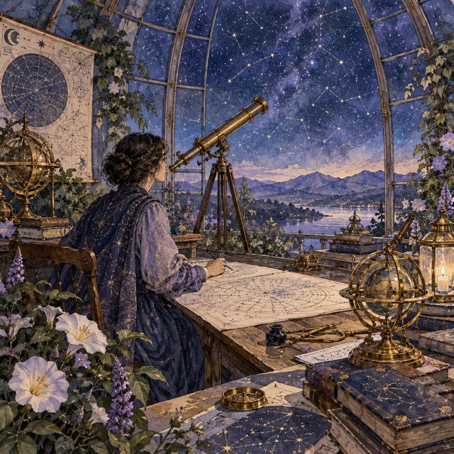 Ink-and-watercolour illustration of an adult astronomer mapping constellations from a glass-domed observatory, surrounded by brass instruments and flowering night plants. Indigo, lavender, and pale gold palette, delicate linework, serene atmospheric detail. — GPT Image 2.5 Flare