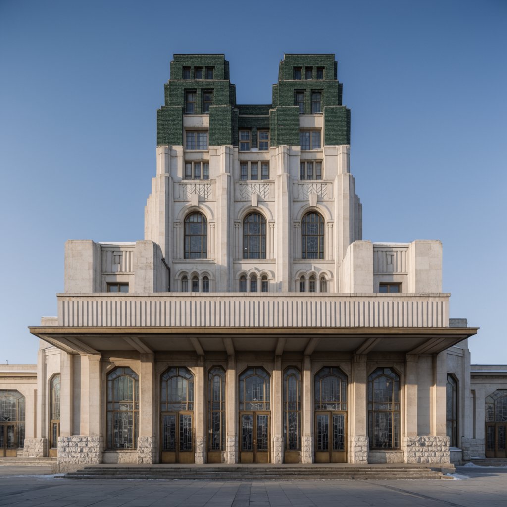 Exterior of an Art Deco railway terminal in pale limestone and dark green glazed brick, with stepped massing, bronze-framed windows, and a broad canopy; clear winter morning light, viewed from the station forecourt, precise lines and credible structure. — Krea 2 Large
