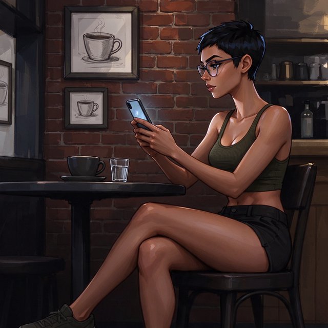 SUBJECT: Side view of a young woman seated at a cafe table, beautiful legs crossed, reading her phone. CHARACTER: 25-year-old woman with an extremely short black pixie cut, all hair under one inch. Stylish glasses, tight dark green ribbed tank top, bare midriff, shorts, comfortable shoes. SETTING: Trendy urban cafe, red brick walls decorated with framed sketches of coffee mugs. STYLE: Stylized semi-realistic digital painting, animation-inspired characters and environments. Expressive faces, large eyes, strong brows, simplified anatomy, convincing 3D volume and depth. Painterly shape-based rendering, minimal outlines, soft blended shading, broad angular brushstrokes. Luminous colors, warm undertones, restrained highlights. Hair and textures rendered in sculpted masses with selective fine detail. Muted charcoal and earthy palette, soft directional light, cohesive shadows, atmospheric depth. Detailed eyes and lips, simplified backgrounds, loose edges, unfinished brushwork. — Model 19