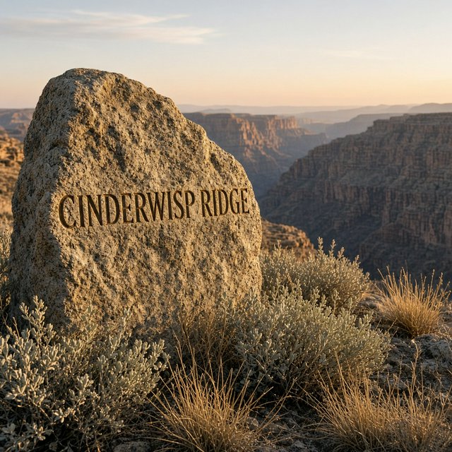 At a high desert canyon overlook, a weathered granite trail marker rises among sage and pale grasses; "CINDERWISP RIDGE" is deeply carved across its broad face, the cut letters catching slanting amber light. — Grok Imagine Image 2