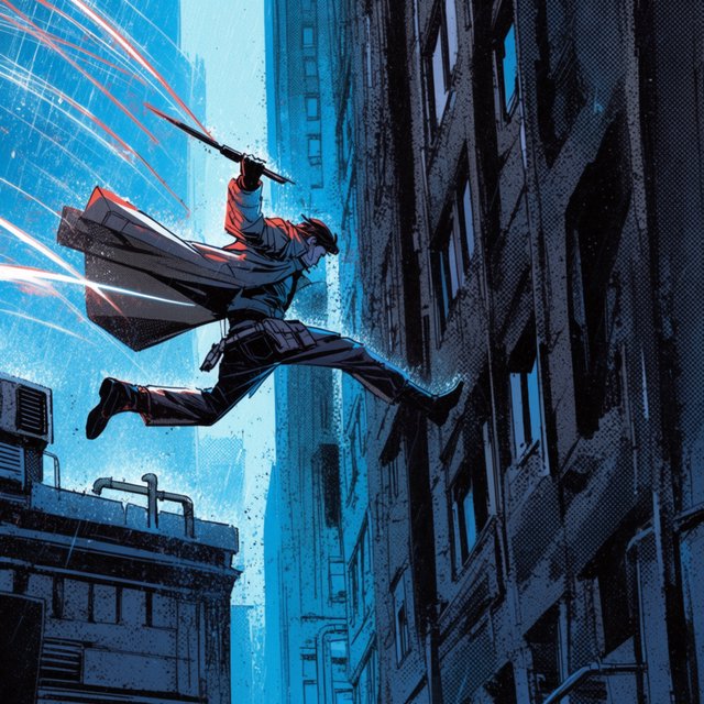 An adult rooftop courier vaults between rain-dark towers, coat snapping as signal flares streak behind; bold ink comic-panel illustration with dense halftone shadows, palette of electric cyan, vermilion, charcoal, and cream, no speech bubbles. — Krea 2 Large