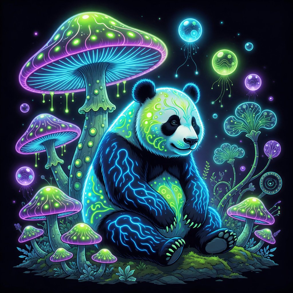 A bioluminescent panda bear, its fur patterns glowing with neon blues and vibrant greens, sits peacefully amidst a grove of luminous, alien flora. Giant, pulsing mushrooms and floating orbs of light create an otherworldly ambiance. The background fades into an inky blackness, making the glowing elements pop. Style: Sci-fi fantasy illustration with sharp, defined lines and glowing contrasts, drawing inspiration from futuristic concept art. — Grok Imagine Image Quality