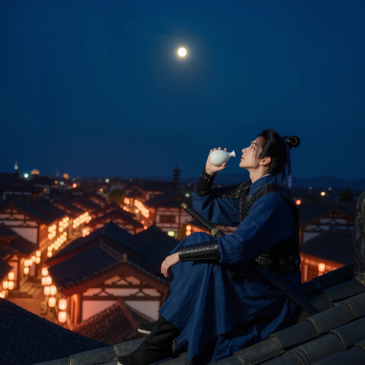 A lone Chinese swordsman sits on a tiled rooftop in ancient China at night, gazing over a lantern-lit city while drinking from a ceramic wine flask, moonlight bathing the quiet scene. — Kling v3 Omni