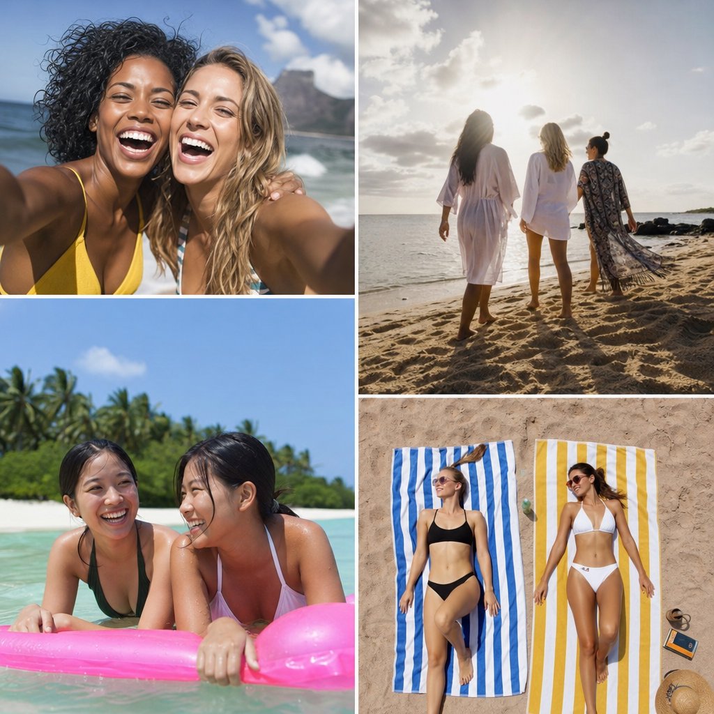 Photorealistic collage of at least four distinct beach scenes showing adult women from around the world having fun, with each scene presented from a different camera angle. — GPT Image 2