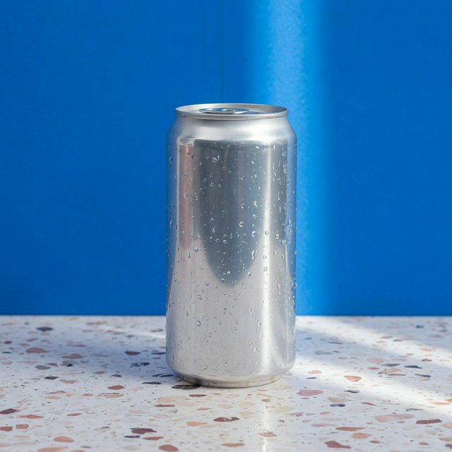 A slim, unbranded sparkling-water can of brushed aluminum, beaded with condensation, stands on a pale terrazzo surface against a seamless electric-blue background; broad overhead diffusion and a crisp side strip create clean highlights, with no lettering or graphics. — Grok Imagine Image Quality
