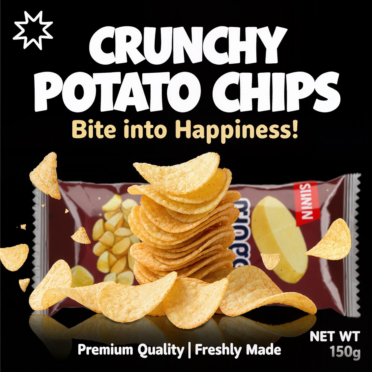 A creative promotional poster for potato chips featuring a forced perspective effect. — Kling v3