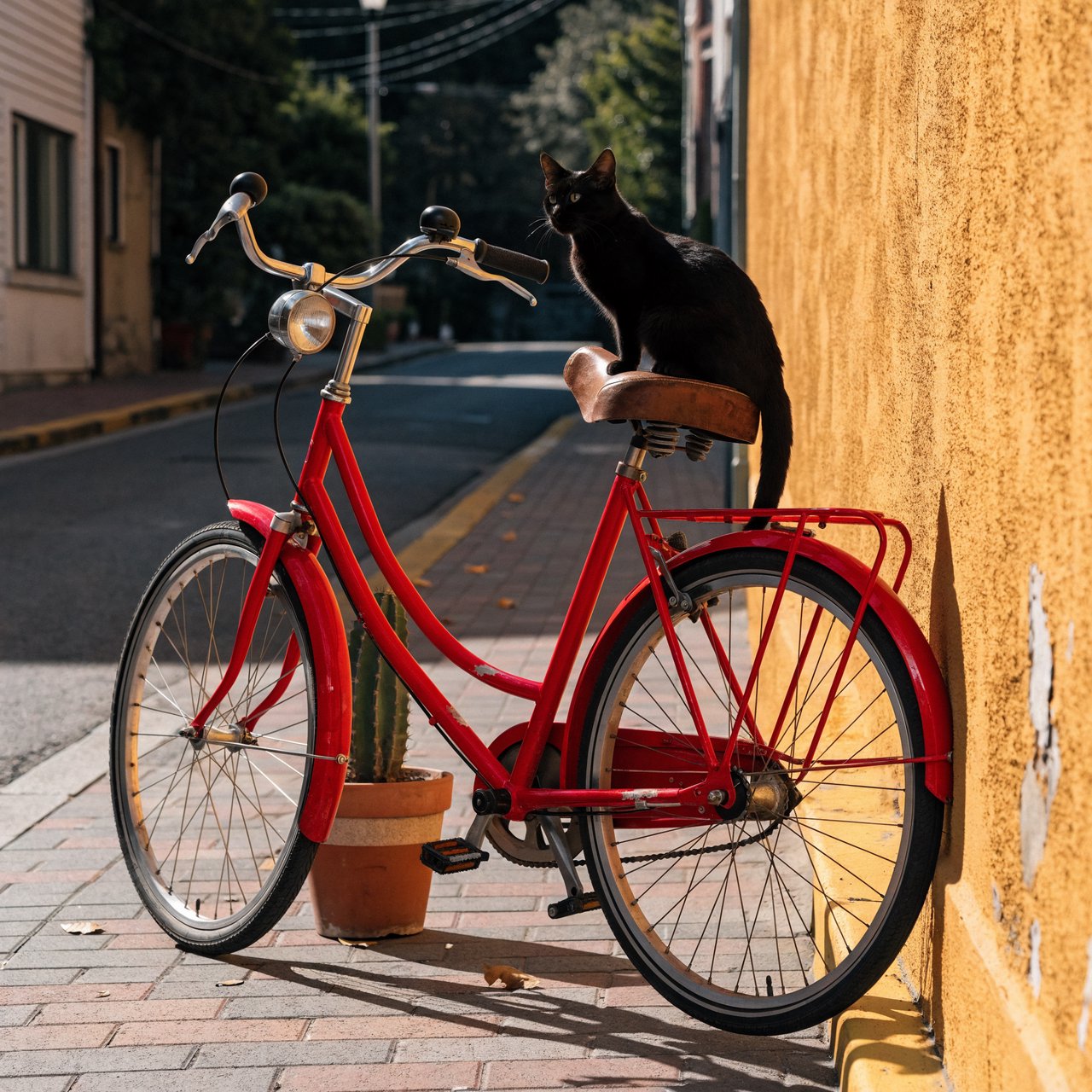 A red bicycle leaning against a yellow wall, a black cat sitting on the bicycle's saddle, a small potted cactus to the left of the bicycle. — Recraft v4 Pro