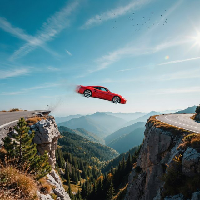 A sports car in a daredevil stunt has driven off a road from a high cliff, attempting to fly and land on the road on the next cliff. Beautiful mountainous background, sunny blue sky. Show motion, speed, and action. — Ideogram v4