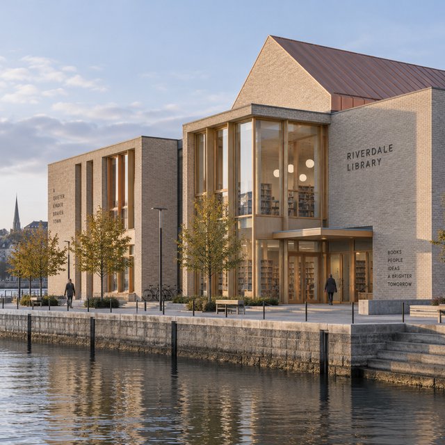 A riverside public library in contemporary Nordic brick architecture combines pale buff brick, oak-framed glazing, and a copper roof; cool morning light grazes its elevations, viewed from across the promenade, with straight lines and credible supports. — Model 4