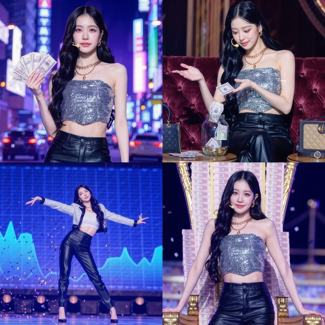 A pretty K-pop idol who is 19–21 years old at a music video shoot. The music video is for her hit song "돈 벌기" (Make Money). The setting of the music video relates to the song name. At least 4 scenes and many angles. — Kling v3 Omni