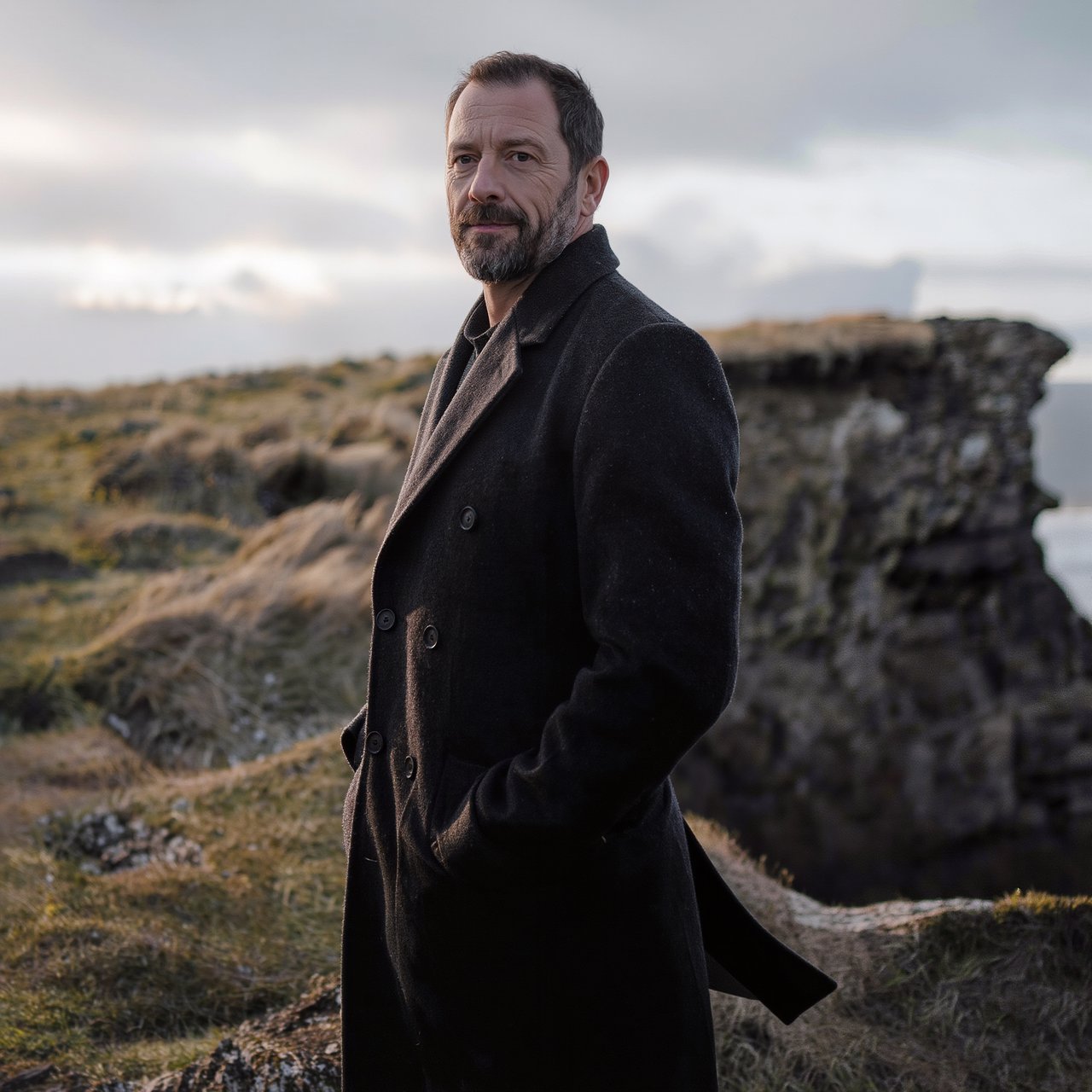 Wind lifts the hem of a charcoal wool coat as an adult man in his late 40s keeps a pensive gaze. The portrait frames him against a windswept coastal bluff beneath cool, cloud-filtered daylight. — Kling v3