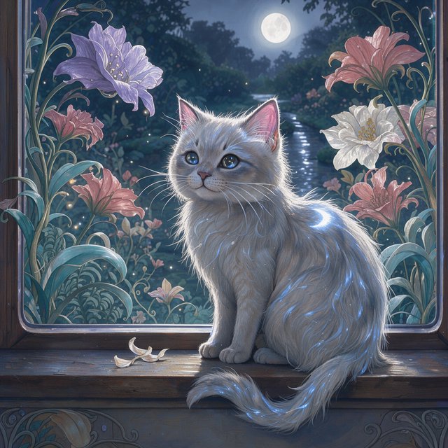 A whimsical cat with fur like spun moonlight sits on a windowsill overlooking a dreamlike garden. The garden is filled with oversized, fantastical flowers rendered in a soft, painterly style, with elements of Art Nouveau curves in the plant designs. The overall mood is serene and enchanting. — Model 2