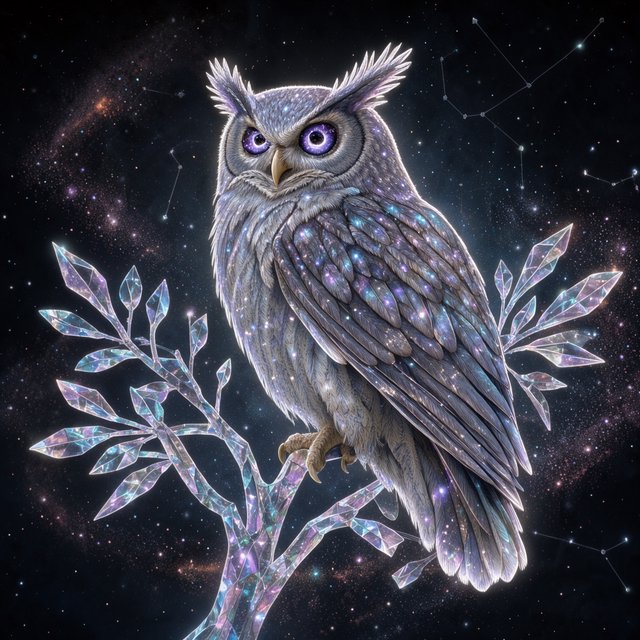 An ethereal owl with feathers made of shimmering moonlight and eyes like miniature galaxies, perched on a branch of a crystalline tree that grows in a void. Wisps of cosmic dust drift around it, and faint constellations are visible in the background. The scene evokes a sense of profound tranquility and celestial mystery. Style: Ethereal, surrealism, with a touch of photorealism. — FLUX 3 Image Klein