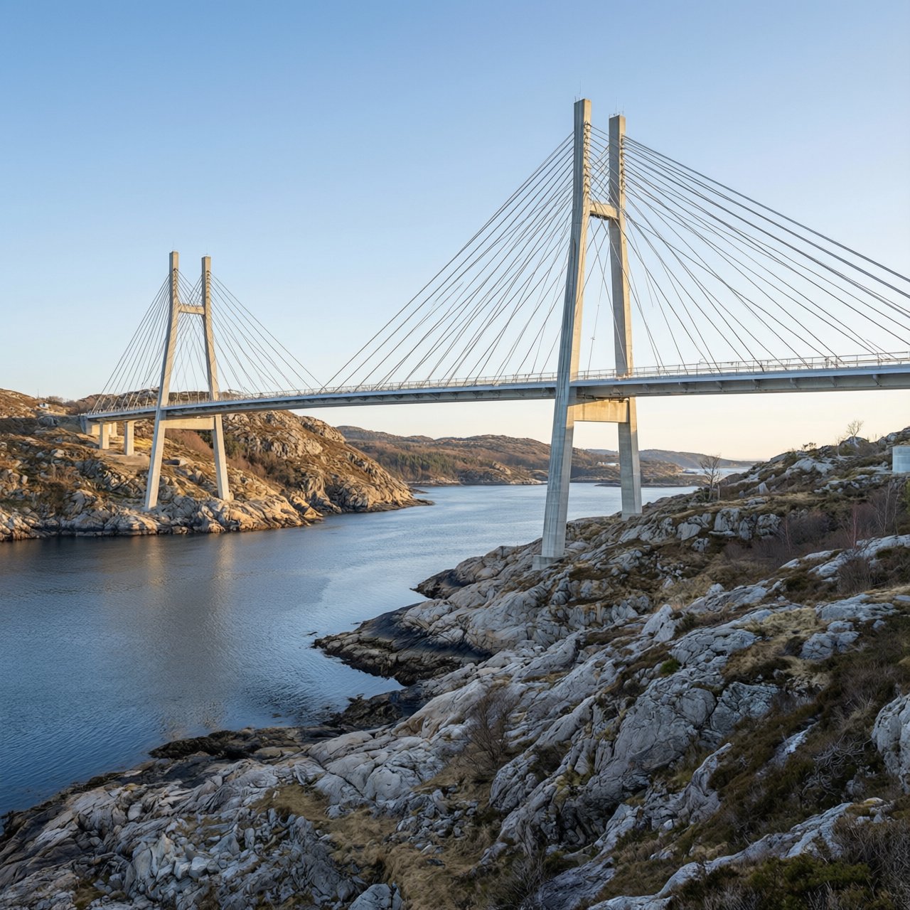 Across a sheltered coastal inlet, a contemporary high-tech cable-stayed bridge spans between granite shores, its slender steel pylons and pale concrete deck catching cool sunrise light; viewed from a rocky bank, straight lines and credible engineering define the scene. — Qwen Image 3.0 Pro
